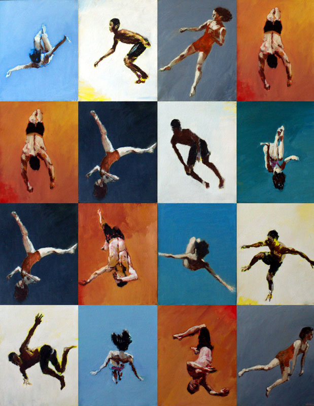 Painting of four different spinning movements made by a surfer, a woman diver, and two circus artists